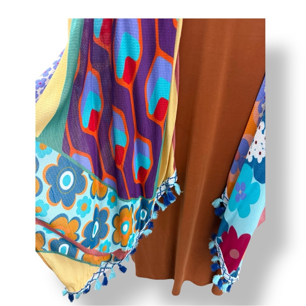 NWT kimono Ruana tassels exotic viscose soft flowy 60s psychedelic flower child - Picture 15 of 16